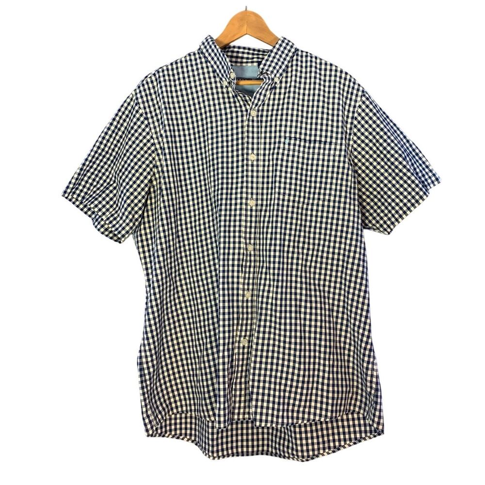 IZOD Blue and White Gingham Checked Short Sleeve Button Down Shirt, Men’s XL